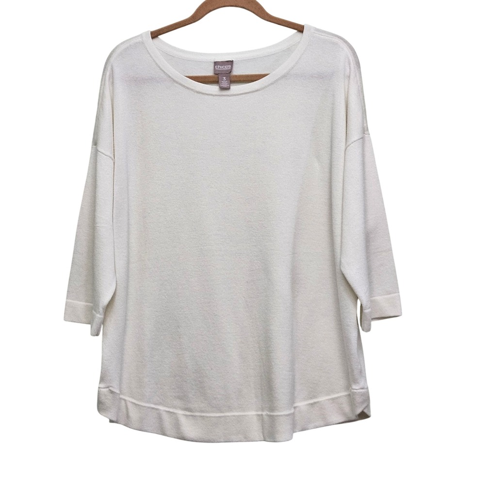 Chico's Knit Top Womens 3 Cream 3/4 Sleeve Boat Neck Relaxed Minimalist Pullover
